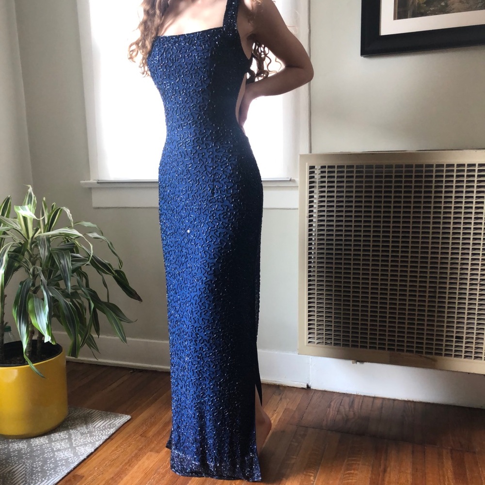 Royal Navy Blue Beaded Andretti Donatello Prom Gown with Open Back & Slit(s)